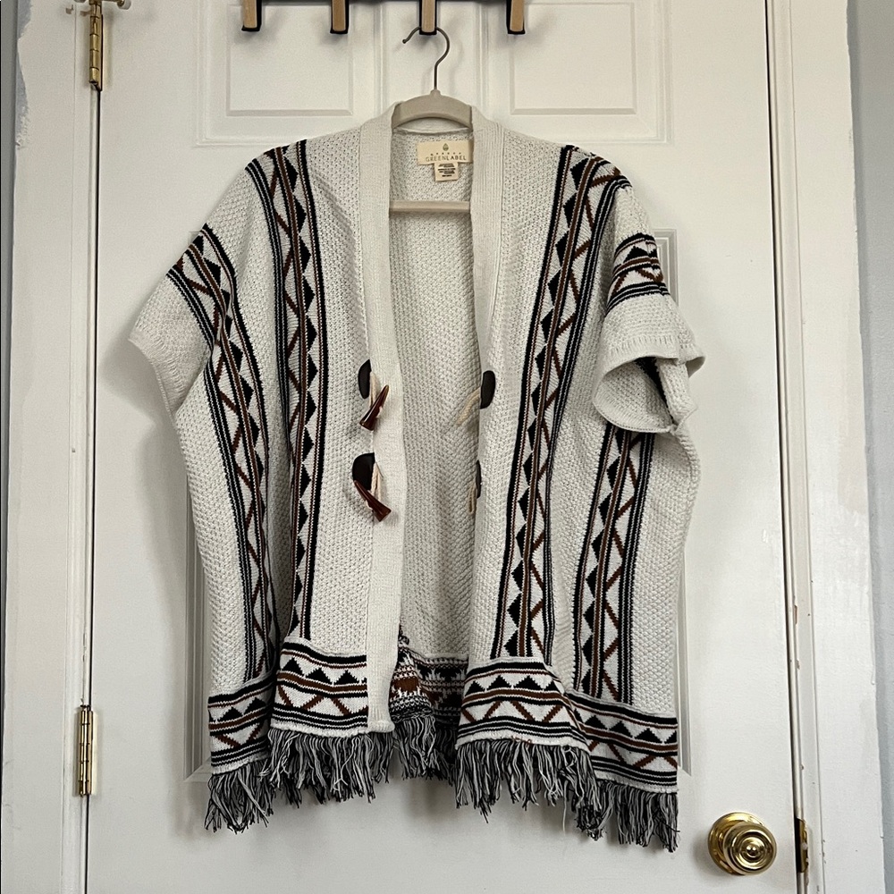 White and Brown Patterned Poncho with Fringe